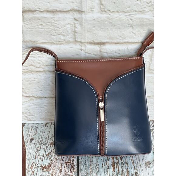 Vera Pelle Italian Leather Handbag Crossbody Blue With Brown Silvertone - Picture 9 of 16